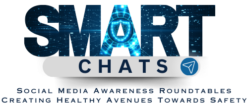 SMART CHATS logo - SMART stands for Social Media Awareness Roundtables. CHATS stands for Creating Healthy Avenues Towards Safety. Logo is bold letters that spells out "SMART" with a gray chat box underneath it that reads "CHATS" with a dark blue "send" icon.